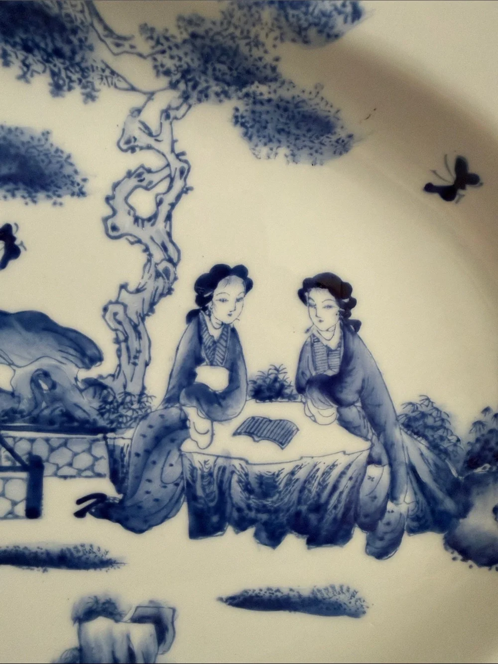 Blue and White Hand-Painted Oval Serving Tray Platter Court Ladies in Garden 14”